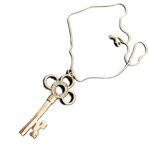 Vintage Silverplated Key Rhinestone Fortune Pendant Fashion Necklace